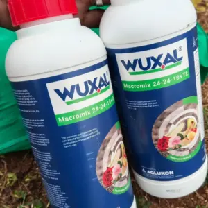 Two bottles of WUXAL Macromix 24-24-18+TE liquid foliar fertiliser by Aglukon